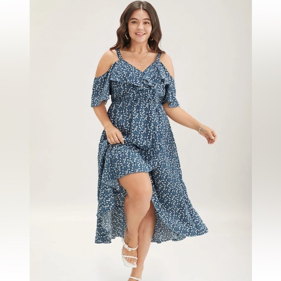 BloomChic Plus Size 3XL Floral Blue Cold Shoulder Dress us22-24 - Picture 3 of 10
